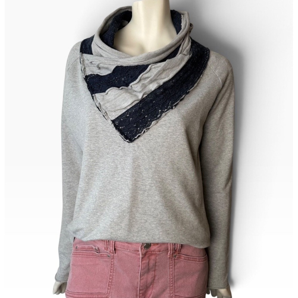 Kenar Gray Scarf Neck Sweater Navy Crochet Lace Draped Cowl Neck Old money Large